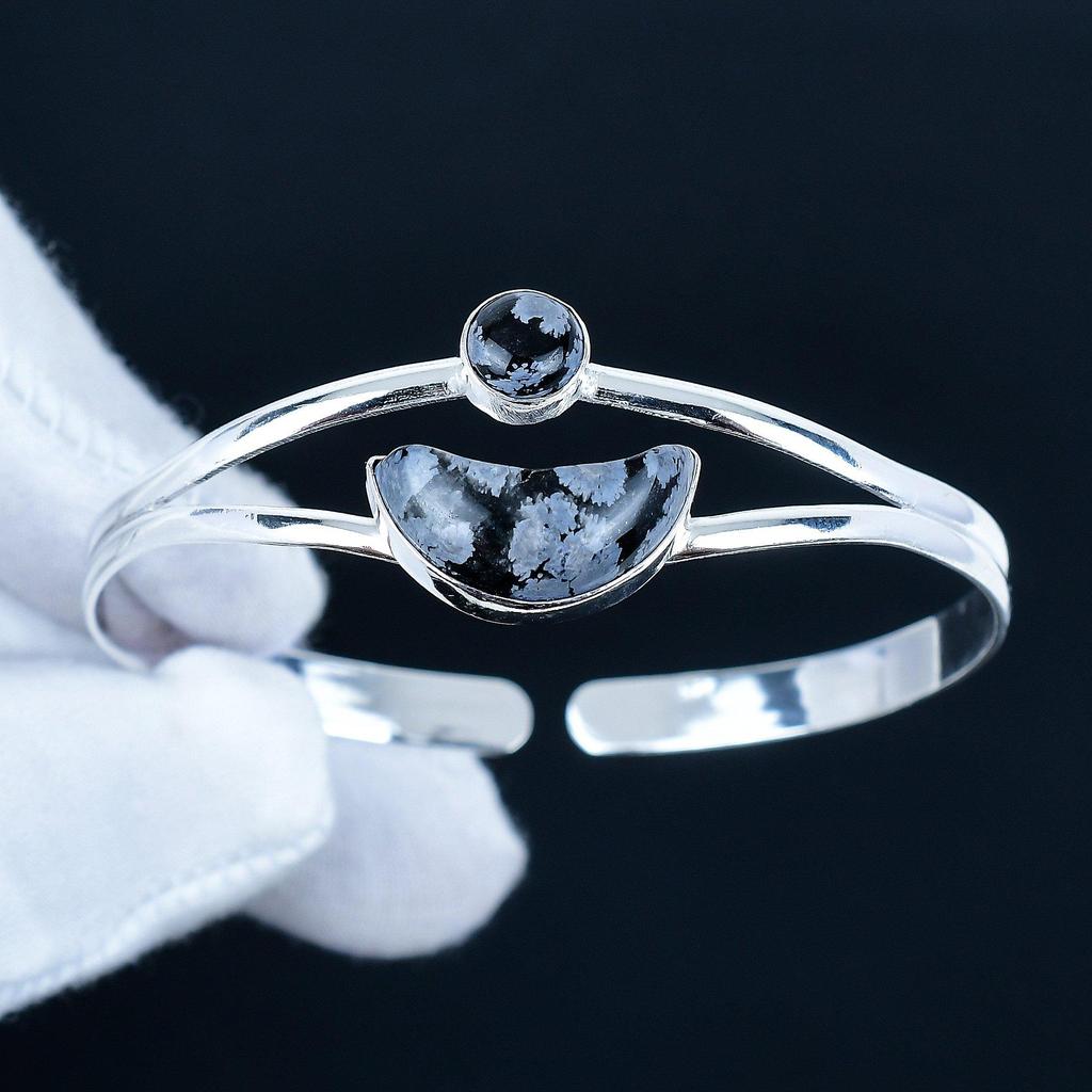 Snowflake Obsidian Gemstone Handmade Cuff Bangle 925 Sterling Silver Cuff Bangle, Snowflake Obsidian Bracelet For Wife , Unisex Bangle, Gift