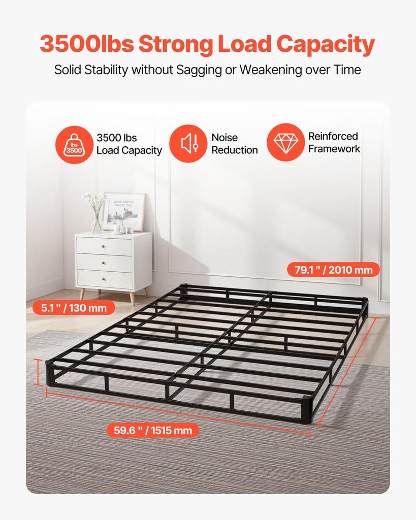 Boxspringbett, Bettgestell in Queen-Size mit waschbarem Stoffbezug, Robuster Metallrahmen für Queen-Size-Bett, 130 mm Matratzenrost, Max. Gewicht 1587,57 kg