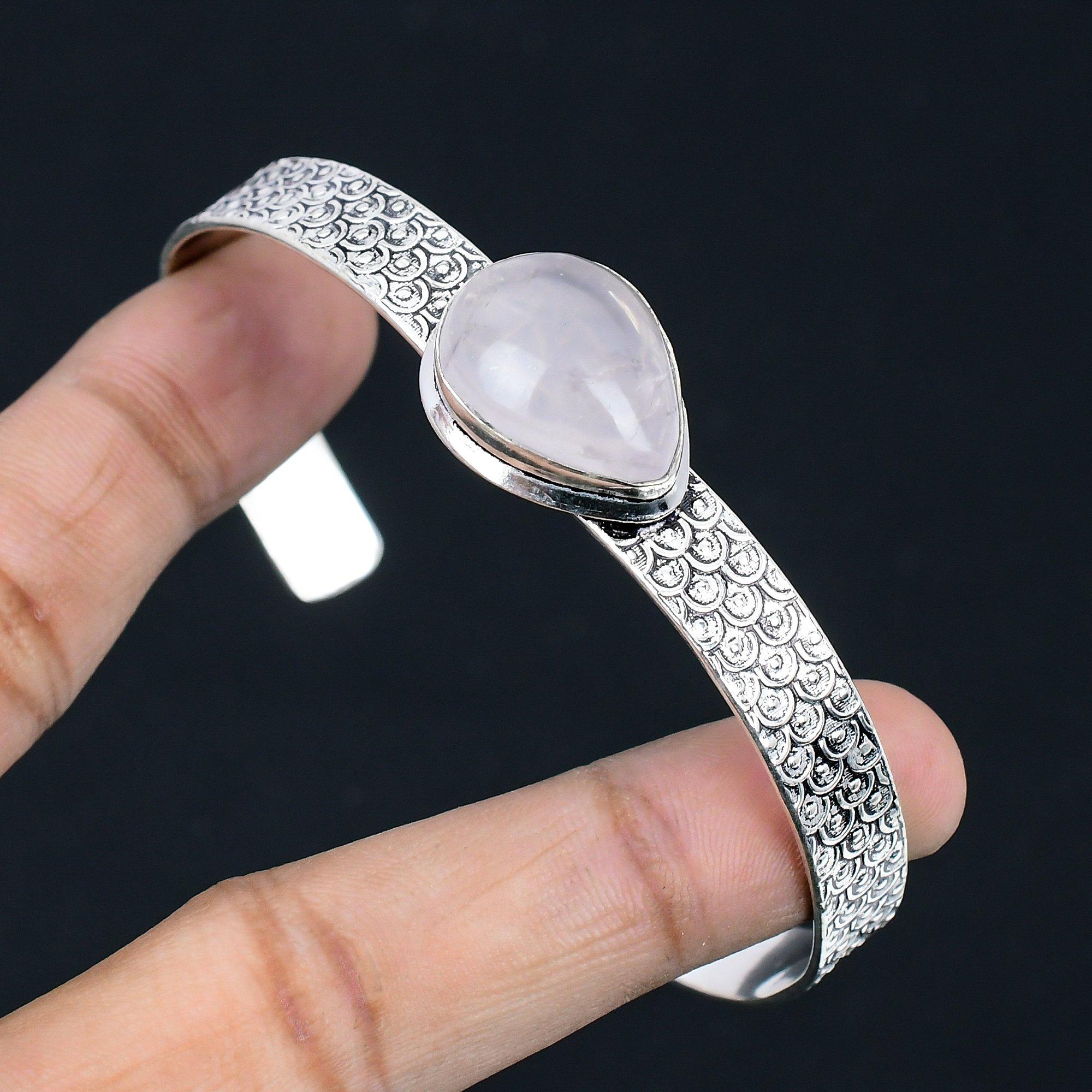 

Sterling Silver Natural Rose Quartz Mother Heart Chakra Wedding Bangle Bracelet Adjustable