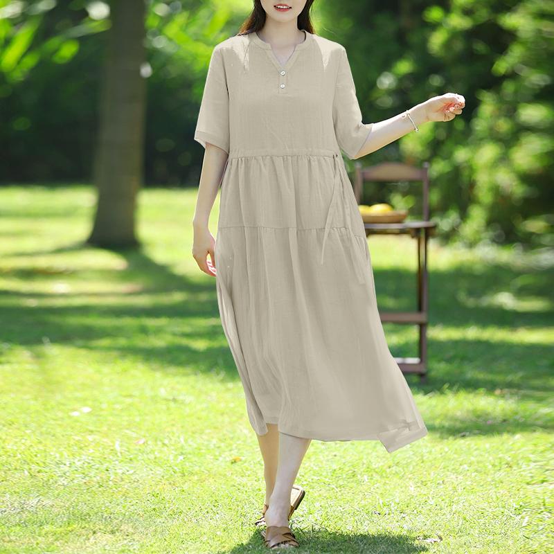 ZANZEA Women Casual V-Neck Half Sleeve Solid Color Loose Long Dress