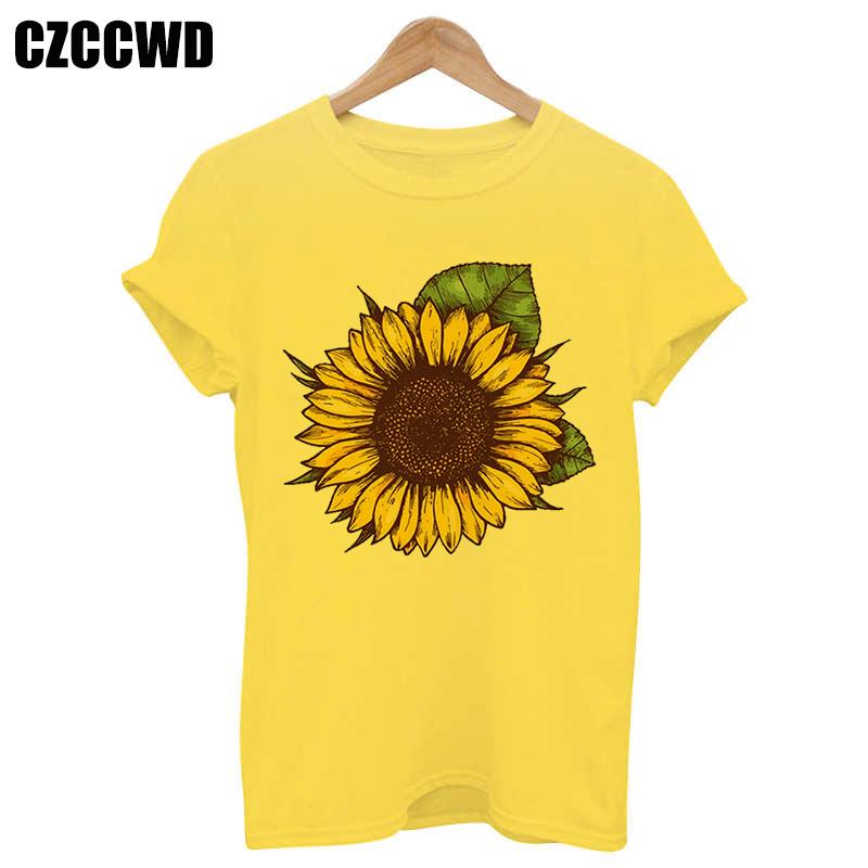 Sunflower Bee Kind Yellow Women Tshirt Aesthetics Graphic Short Sleeve Cotton Polyester T Shirts Female Camisetas Verano Mujer