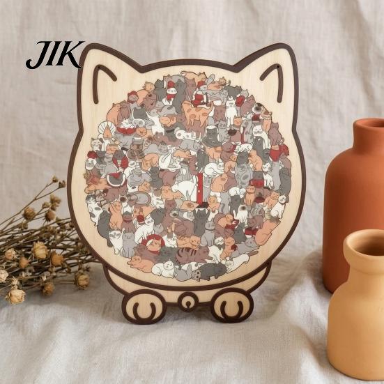 Home Office Shelf Ornaments Colored Cat Shaped Wooden Jigsaw Puzzle, Creative Desktop Ornament, Unique Animal Shape Educational Puzzles for Kids Wood