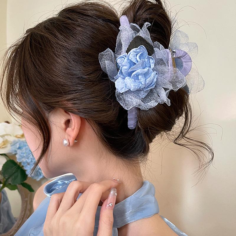 Small fresh and sweet mesh flower hair band grab clip French princess wind shark clip Mori Internet celebrity same jewelry women