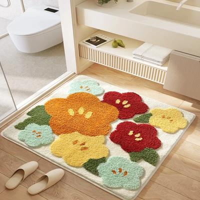 Square Floral Bath Mat, Ultra Plush Absorbent Bathroom Rug, Non-Slip Backing & Soft Touch Surface, Floor Mats for Bathroom Decor