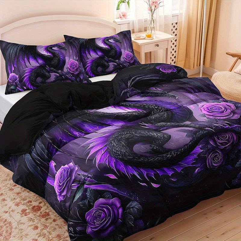 [Gothic Style Bedding] 2/3pcs Dark Purple Dragon and Rose Bedding Set, 1 Duvet Cover + 1/2 Pillowcases) Christmas Gift