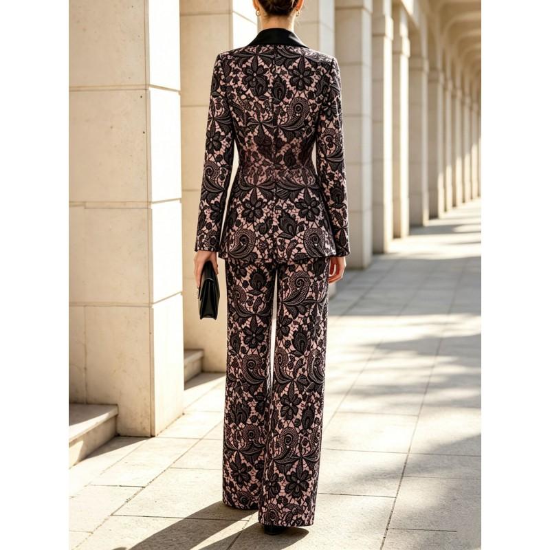 2026 Damen Elegantes Spitzenmuster Maßgeschneidertes Anzugset Lange Hose Büro Chic Outfit