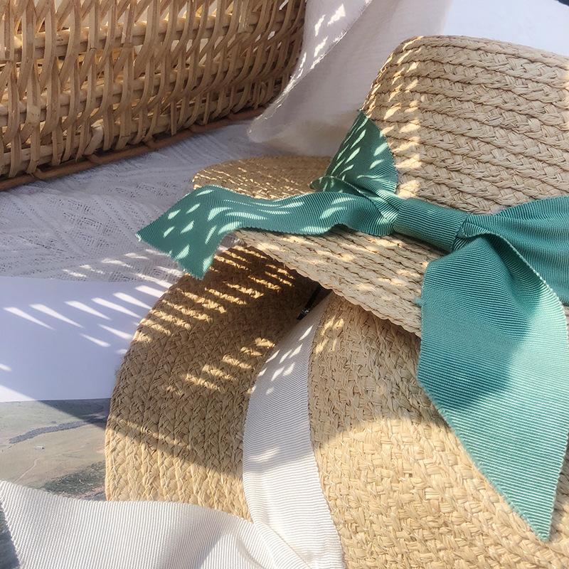 British Hepburn Style Bow Lafite Straw Hat Flat Top Vacation Vacation Beach Hat Women's Summer Top Hat