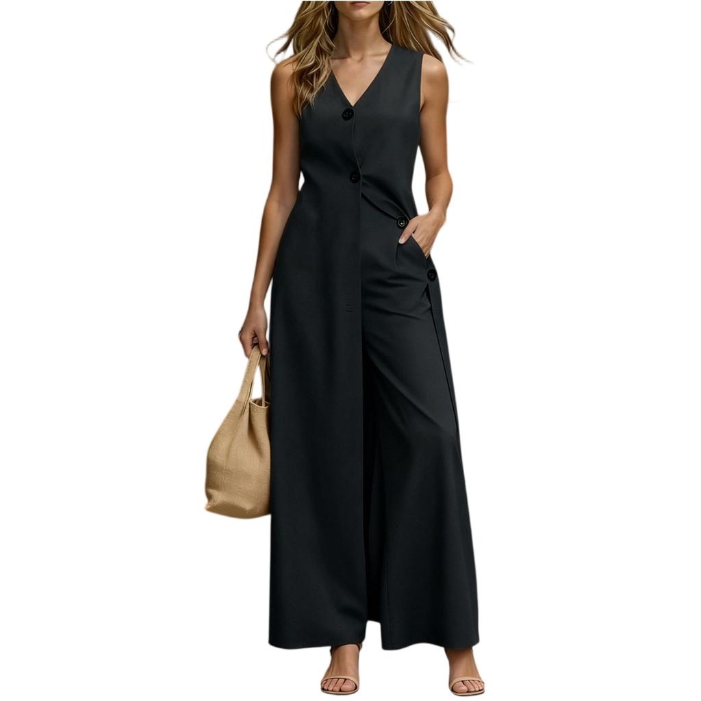 Mono sin mangas de pierna ancha para mujer, largo, con botones en la parte delantera, conjunto de dos piezas con bolsillos y escote en V, informal, corte holgado