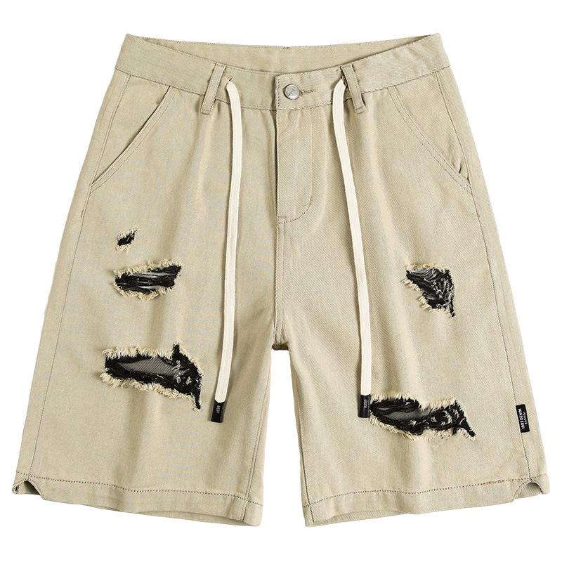 Ripped Denim Shorts Men's Summer American-washed Pants Loose Straight Five-point Pants