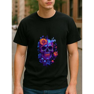European Sizes In the Skull, the Most Brilliant Flowers Bloom. Skulls and Plants In the Collision of Psychedelic Colors,