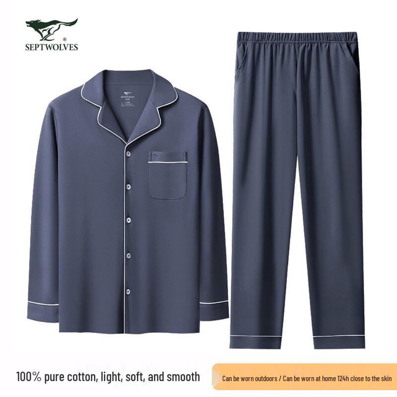 Septwolves Men s Pure Cotton Long Sleeve Casual Pajama Set L