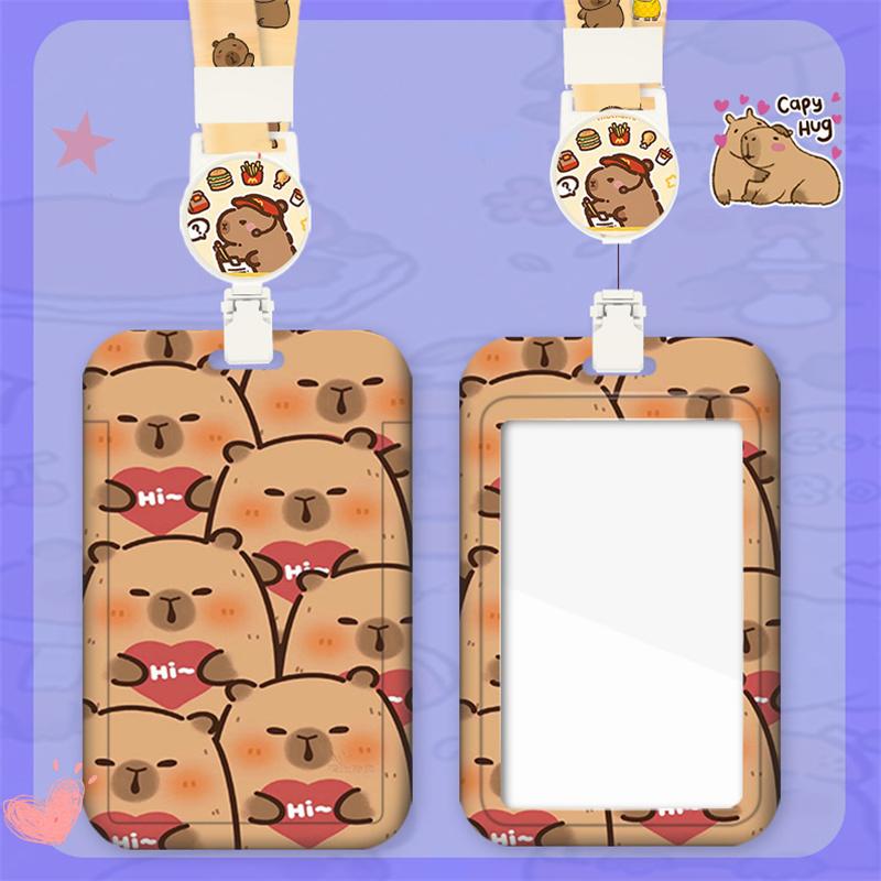 Capybara Cartoon Card Holder With Easy Pull Clip Retractable Neck Lanyard Student Card Work Card Traffic Card Holder
