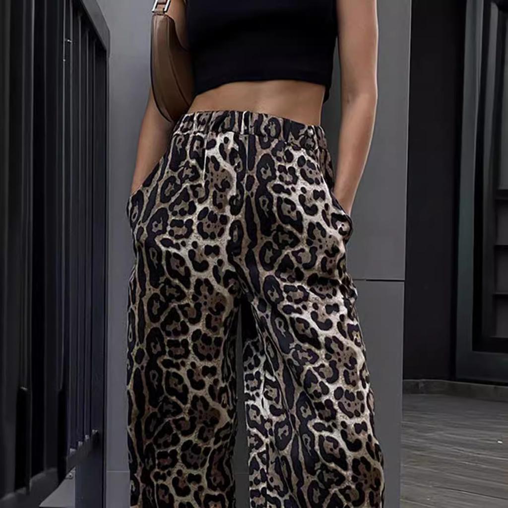 Fashionable Street Style Leopard Print High Waisted Wide Leg Pants Floor Length Casual Women’s Trousers