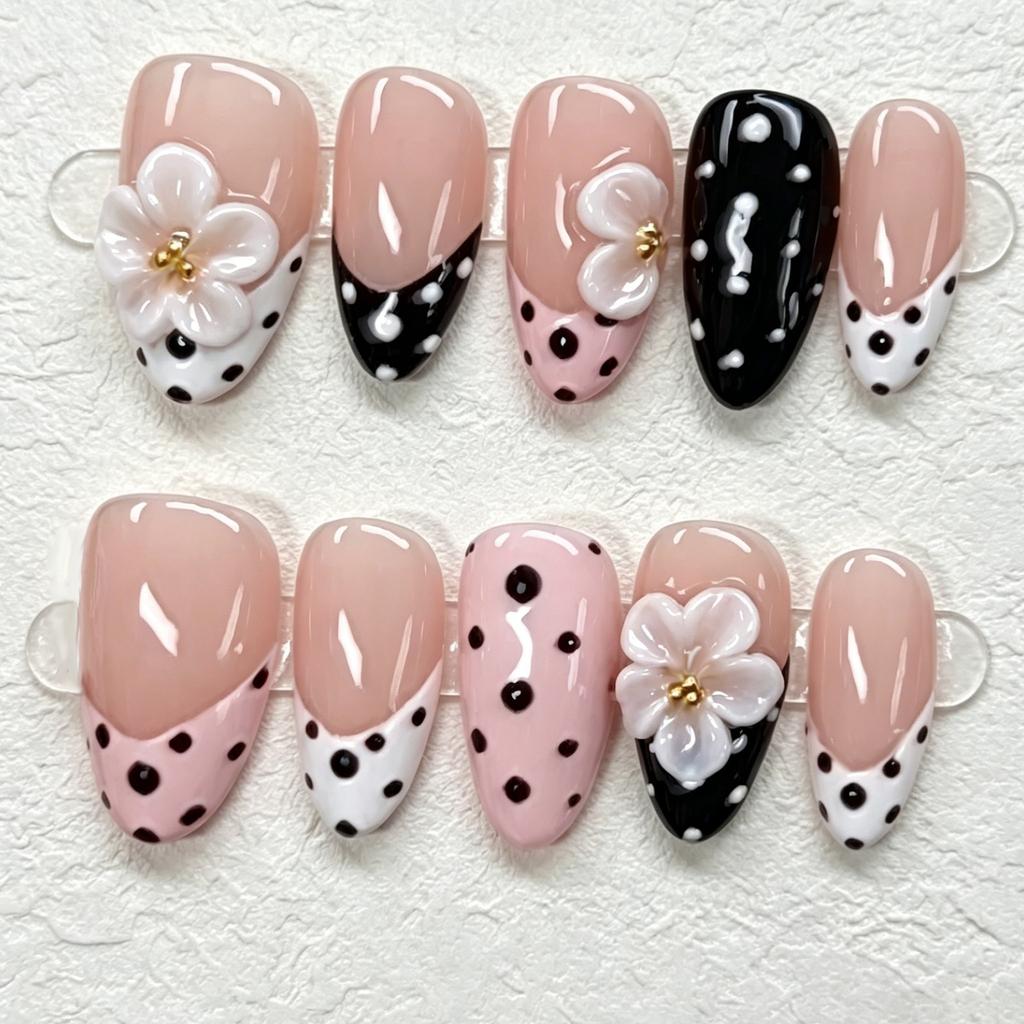 24PCS White Lace French False Nails Simple Black Polka Dots Almond 3D Pink Sweet Flowers Gold Designs Press on Nails Full Cover