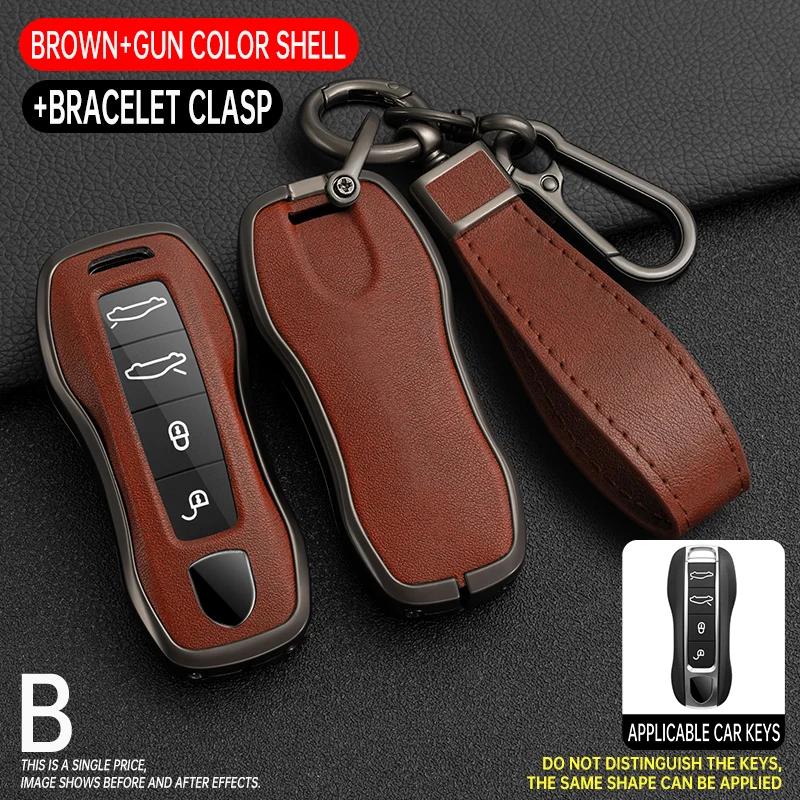 Zinc Alloy + Leather Car Key Case Cover Fob Holder For Porsche Cayenne Panamera 971 911 9YA Macan 718 Cayman Boxster 3 Remote