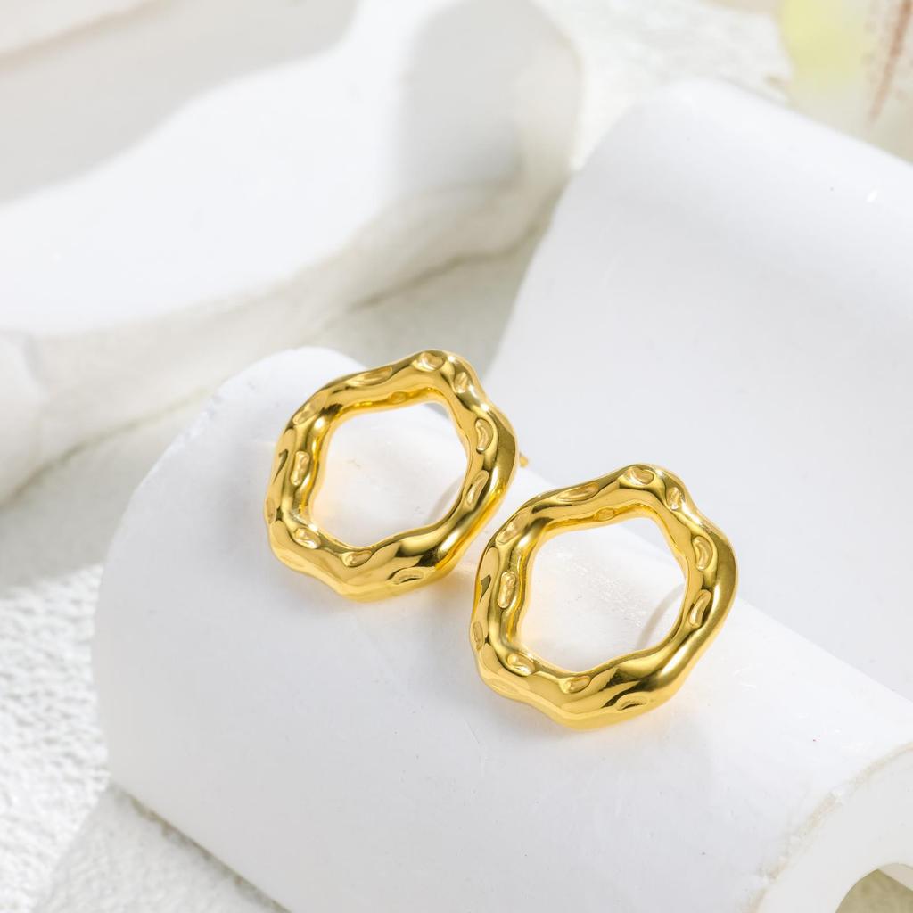 Wind Fashion Stainless Steel Trend Irregular Geometric Earrings Ring 18 Real Gold One Piece Shipped