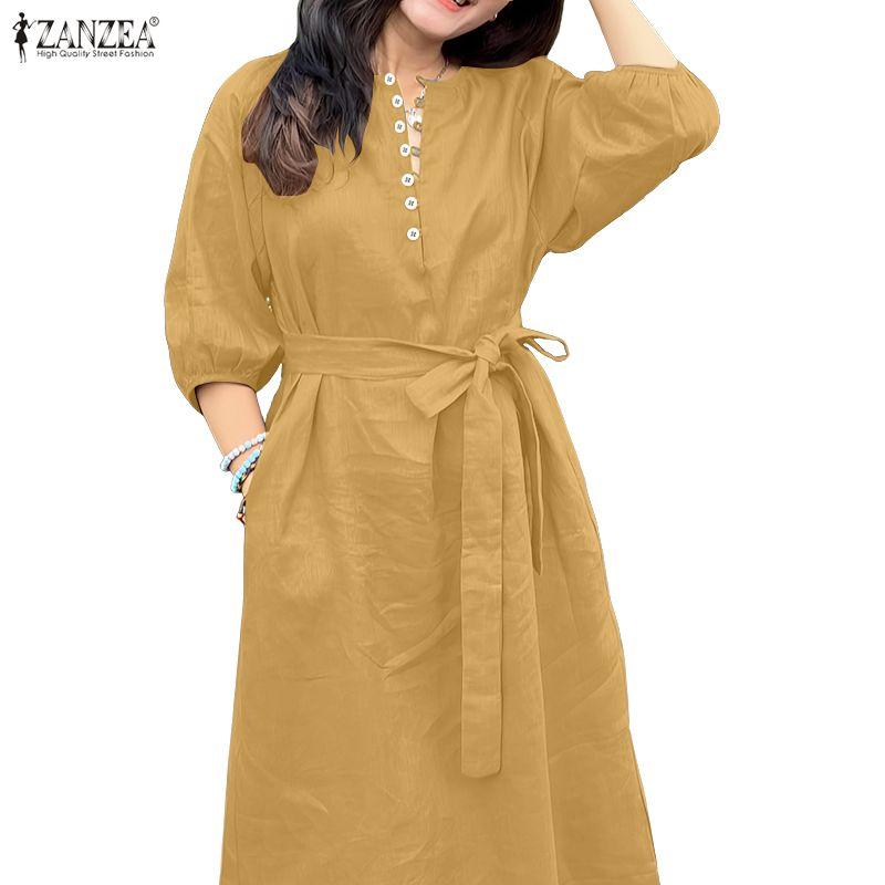 ZANZEA Abito Casual da Donna con Scollo a V, Colore Unito, Manica a 3/4