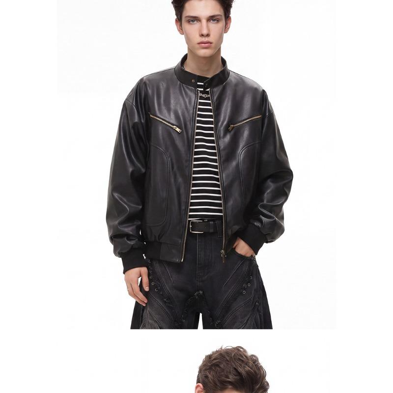 American Windproof Stand-up Collar PU Leather Jacket Men's Autumn Retro Loose Silhouette Locomotive Jacket Pu Leather Jacket