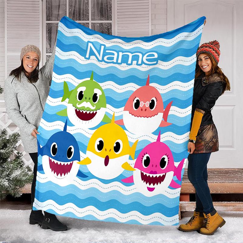 Personalized Custom Name Blanket - Cute Shark Print Design,Blanket for Sofa,Bed,Travel,Camping - Soft and Warm, Great Gift