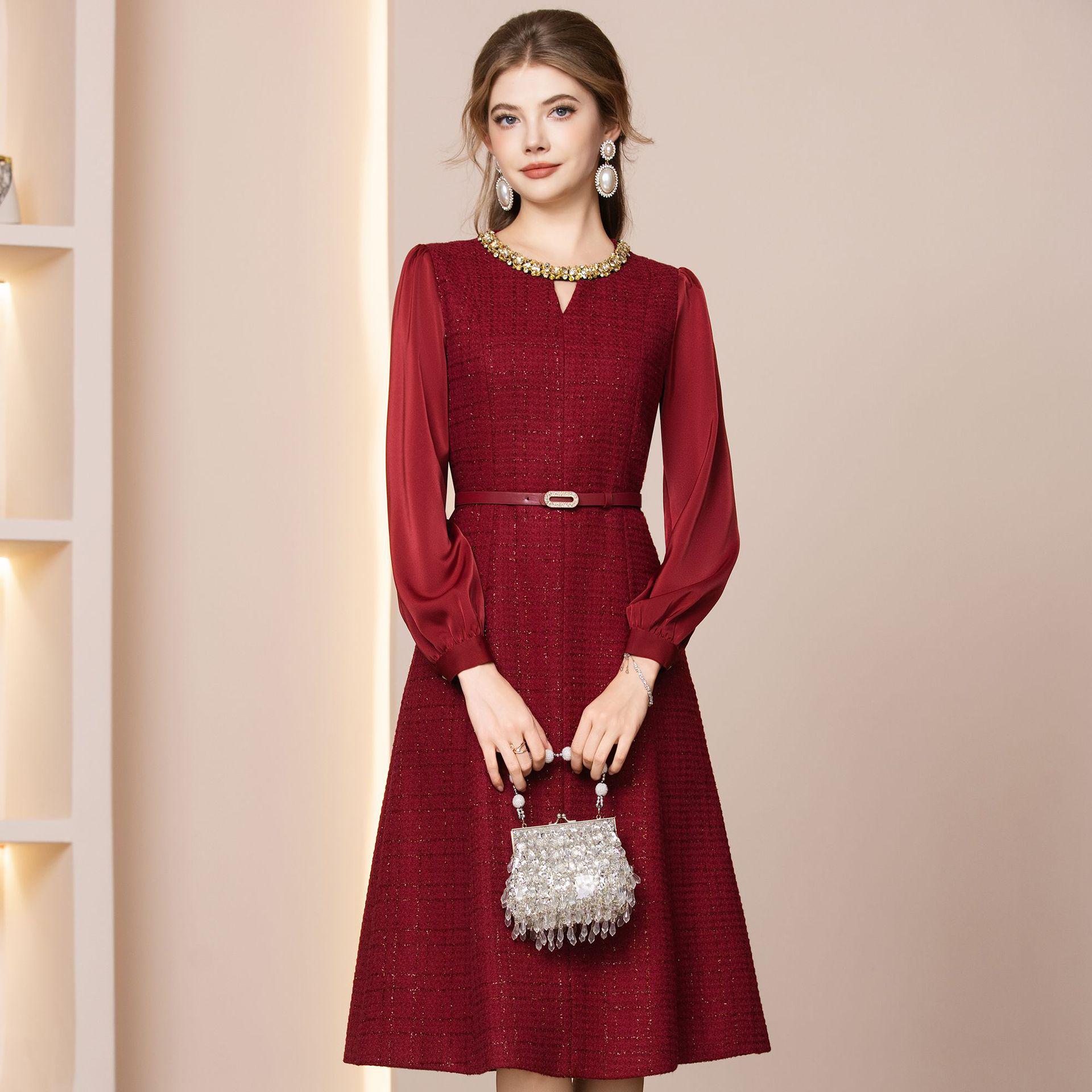 Zhi Li Rhinestone-Studded Red Cinched Waist Dress - 2026 Early Spring & Christmas Style M