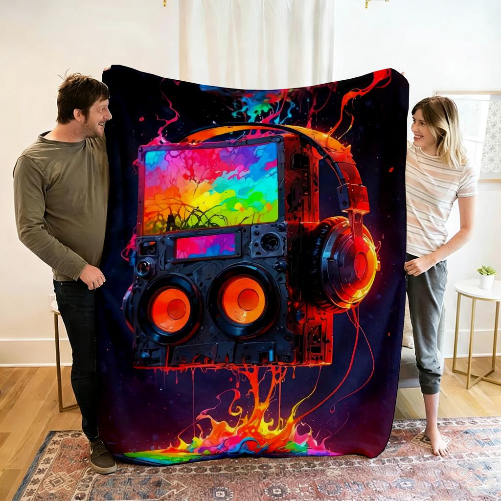 Live Music Neon Headphones Printed Flannel Blanket Perfect for Sofa Office Bed Travel Sleep Read Relax Camping Four Season Use