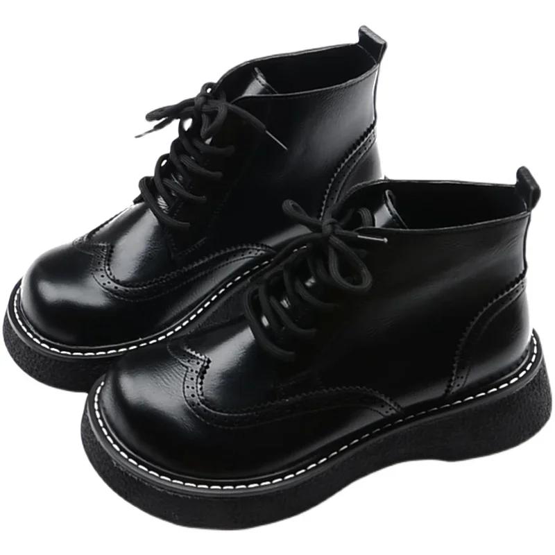 Fashion Mori Literary Retro Big Head Shoes Carved Detail British Style Women Boots Thick Sole Lace-up Ankle Boots Handmade Warm Shoes