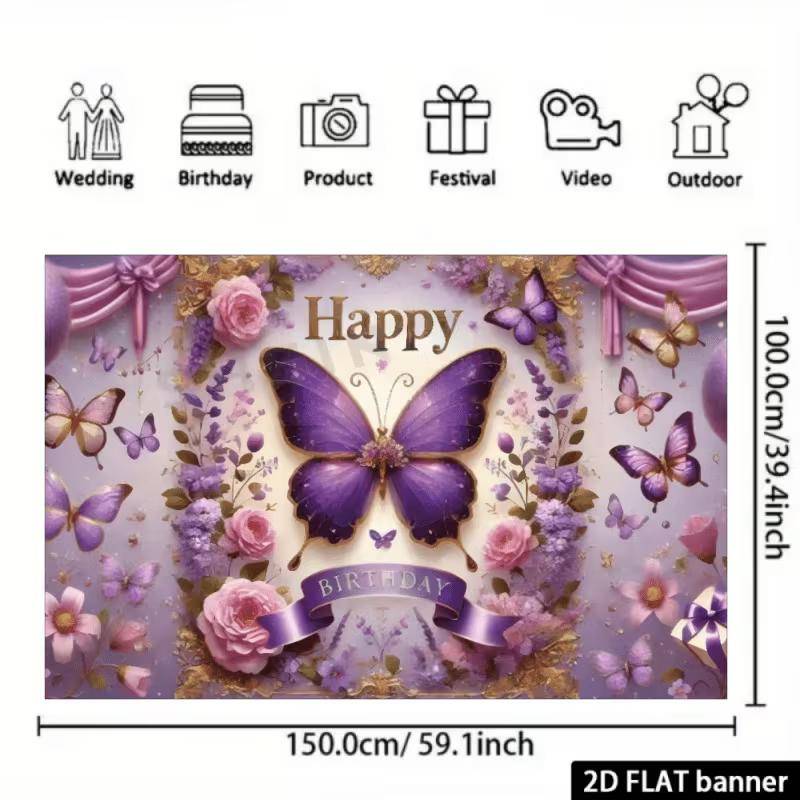 2D Elegant Purple Butterfly Floral Birthday Backdrop for Photoshoot