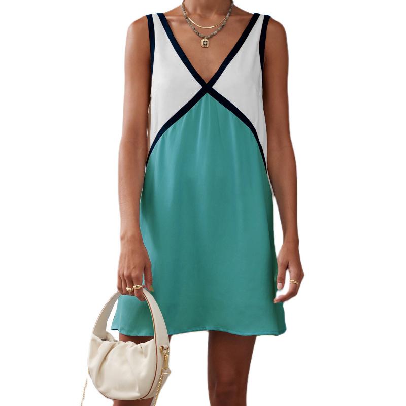 

New European And American Women S Summer V-Neck Loose Sleeveless Tank Top Color-Blocked Short Dress темно-зелений колір