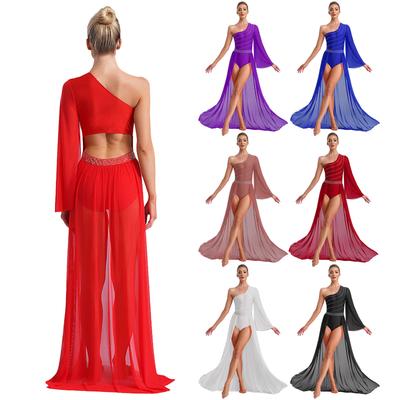 Damen Lyrisches Tanzkleid Ein Schulter Ärmel aus transparentem Mesh Glänzende Strasssteine Kostüm