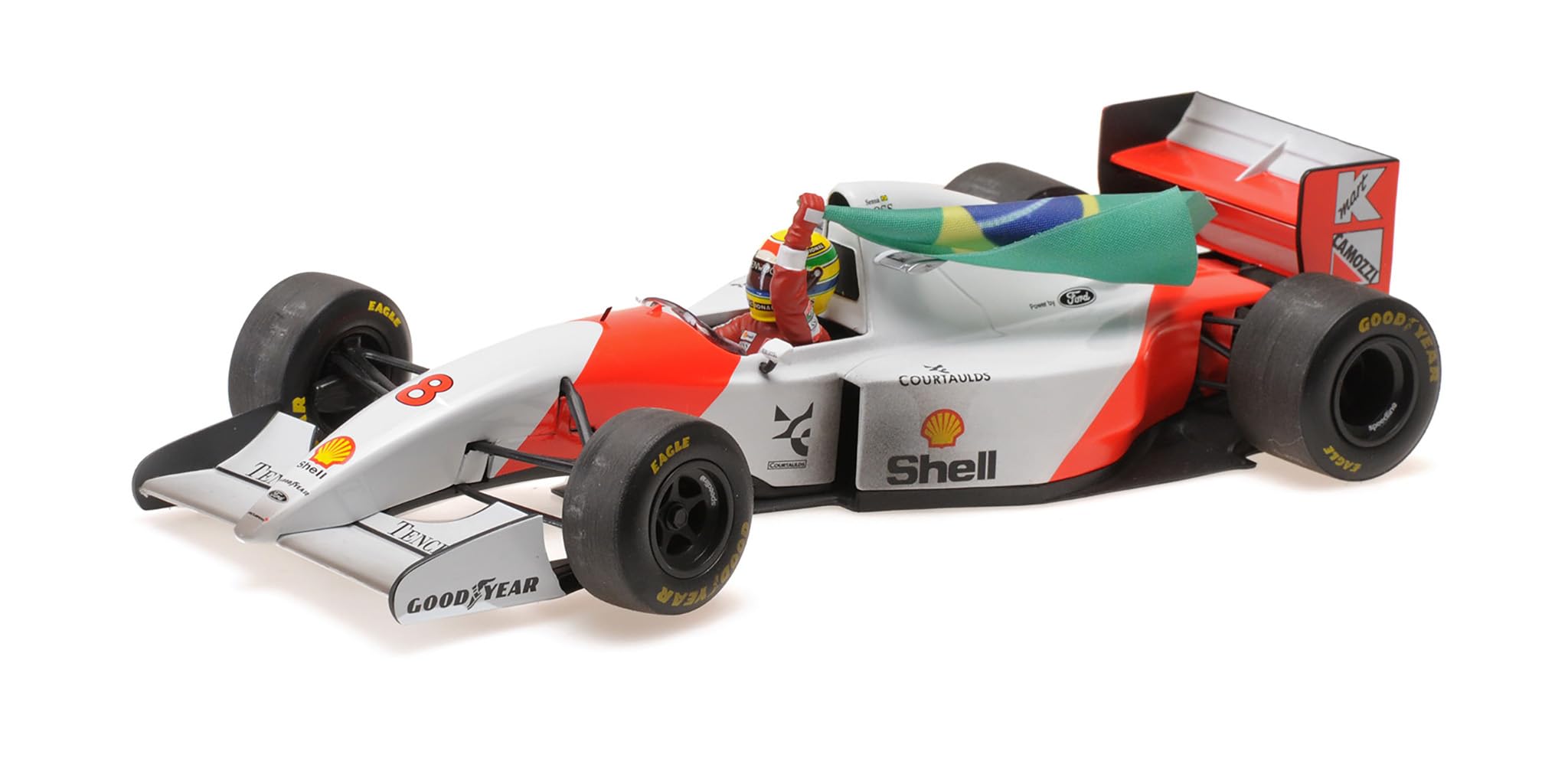 

Minichamps scale McLaren Ford F1 Ayrton Senna Dirty Version 1993 Australian Grand Prix 1/18 MP4/8 #8 оранжевый