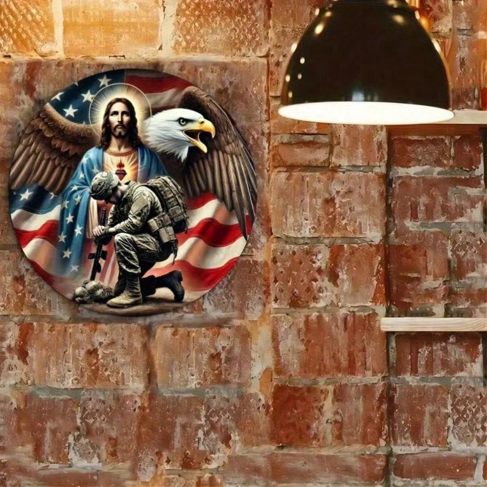 Vintage Tin Sign Patriotic God Bless Military Soldier Jesus Eagle Wall Art Durable Metal Poster Home Decor 2D Print