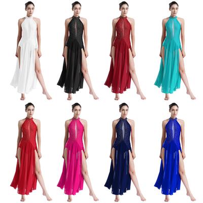 Womens Rhinestone Embellished Lyrical Dance Dress Halter Neck Strappy Back Design with Thigh Split Stage Performance Costume
