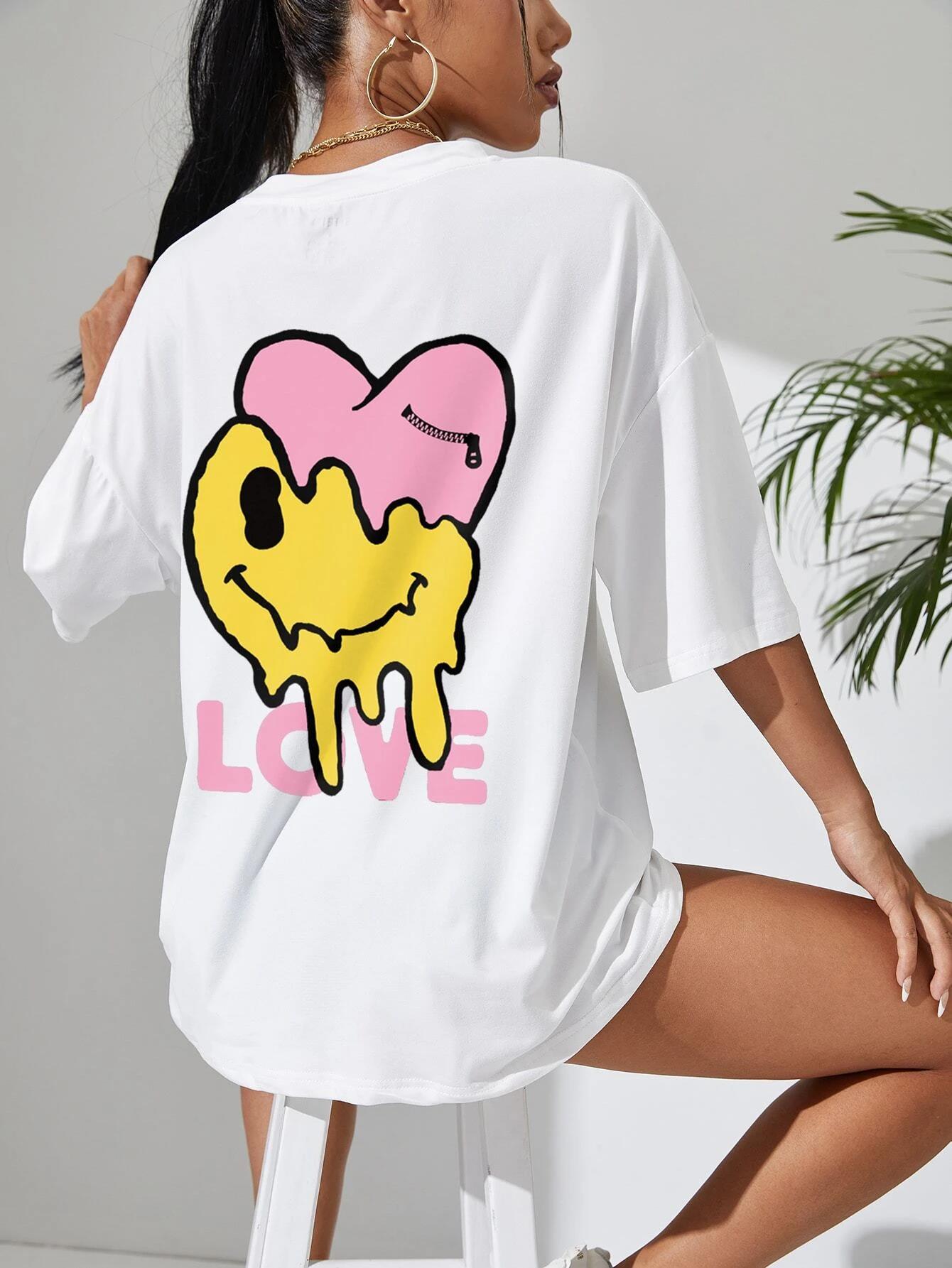

Funny Love Smiling Face T Shirt Women O-Neck Basic Street Fashion Short Sleeved Casual Loose Sport Clothes Soft Cotton Tshirt S
