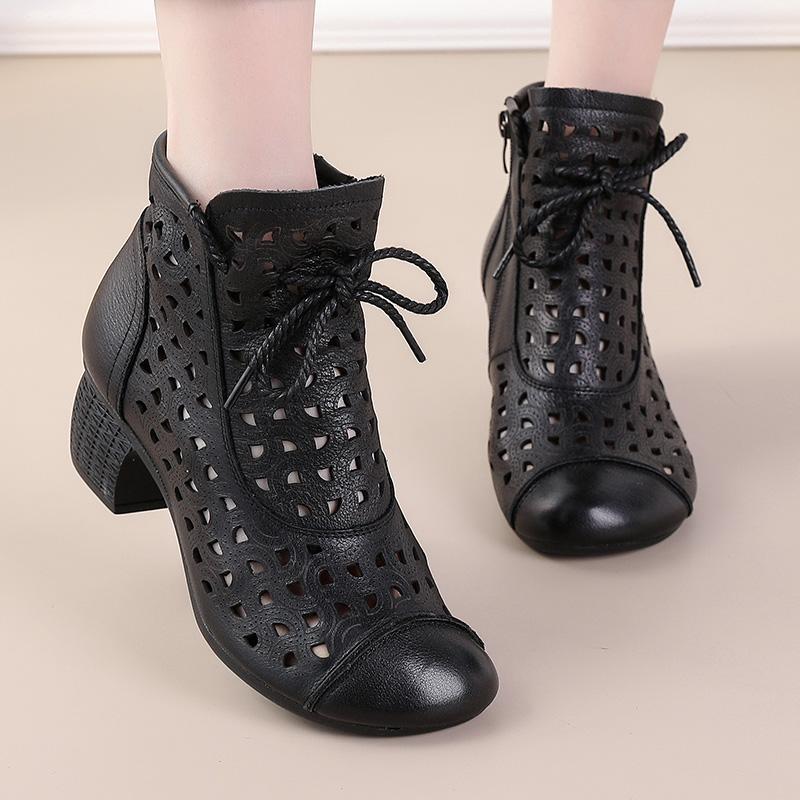 Fashion GKTINOO 2025 Summer Ankle Boots Genuine Leather Shoes Women Mid Heels Sandals Side Zip Boots Cutout Breathable Mujer Zapatos