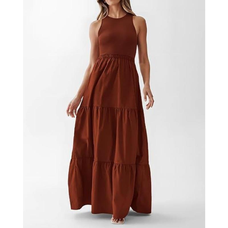 

Летнее женское платье с круглым вырезом в стиле пэчворк в полоску без рукавов, жилет и карманные платья 2XL кирпич красный