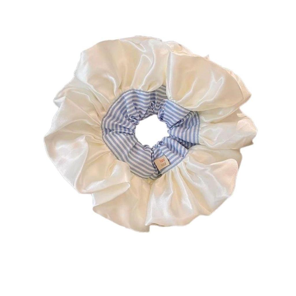 Elegant Korean Blue Striped Lace Trim Scrunchie