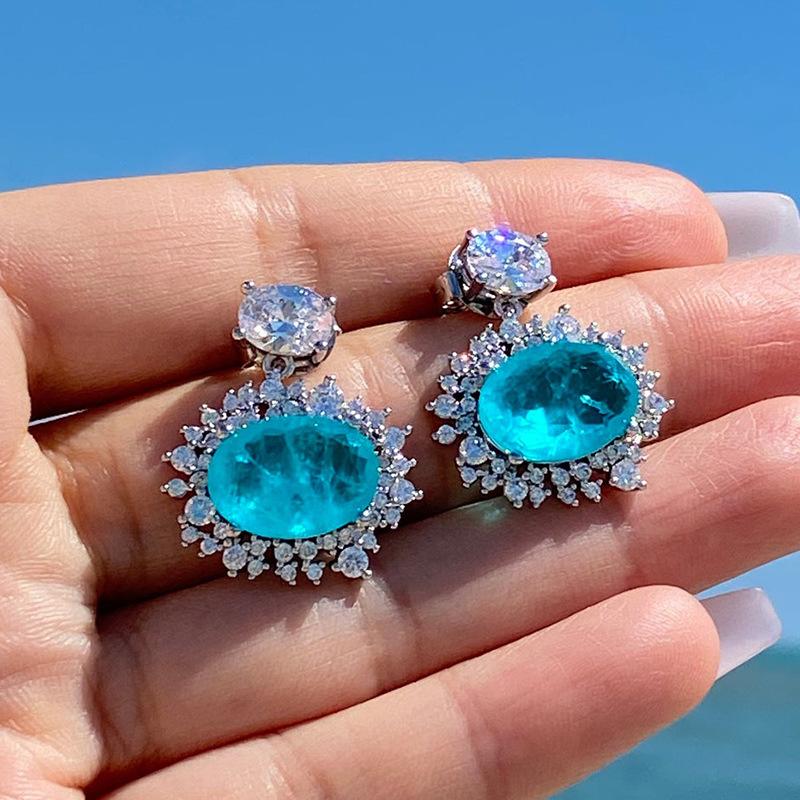Sweet And Luxurious Jewelry, European And American Sparkling Personality, Bride'S Wedding, Blue Zircon Earrings
