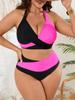 Plus Size Two-Piece Color Block Swimsuit: Halter Crisscross, Tummy Control, High Waist, Sexy Swimwear for Women