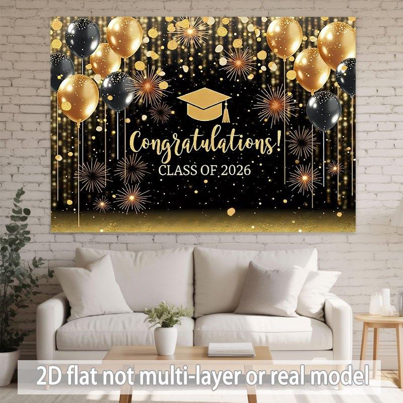 Two-dimensional flat banner 1-piece banner for graduation ceremony including balloons fireworks and