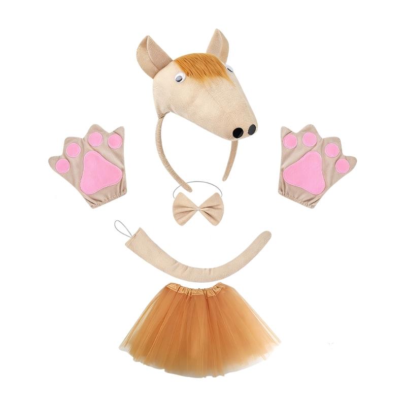 4/5Pcs Horse Costume Accessories 3D Horse Headband,Bowtie,Tutus Skirt Glove Tail Cosplay Halloween Costumes Adult Kid