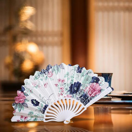 Plastic Folding Fan Chinese Style Retro Flower Plain Painting Soft Faux Silk Decorative Handheld Wedding Party Elegant Ladies Craft Cloth Fan Women