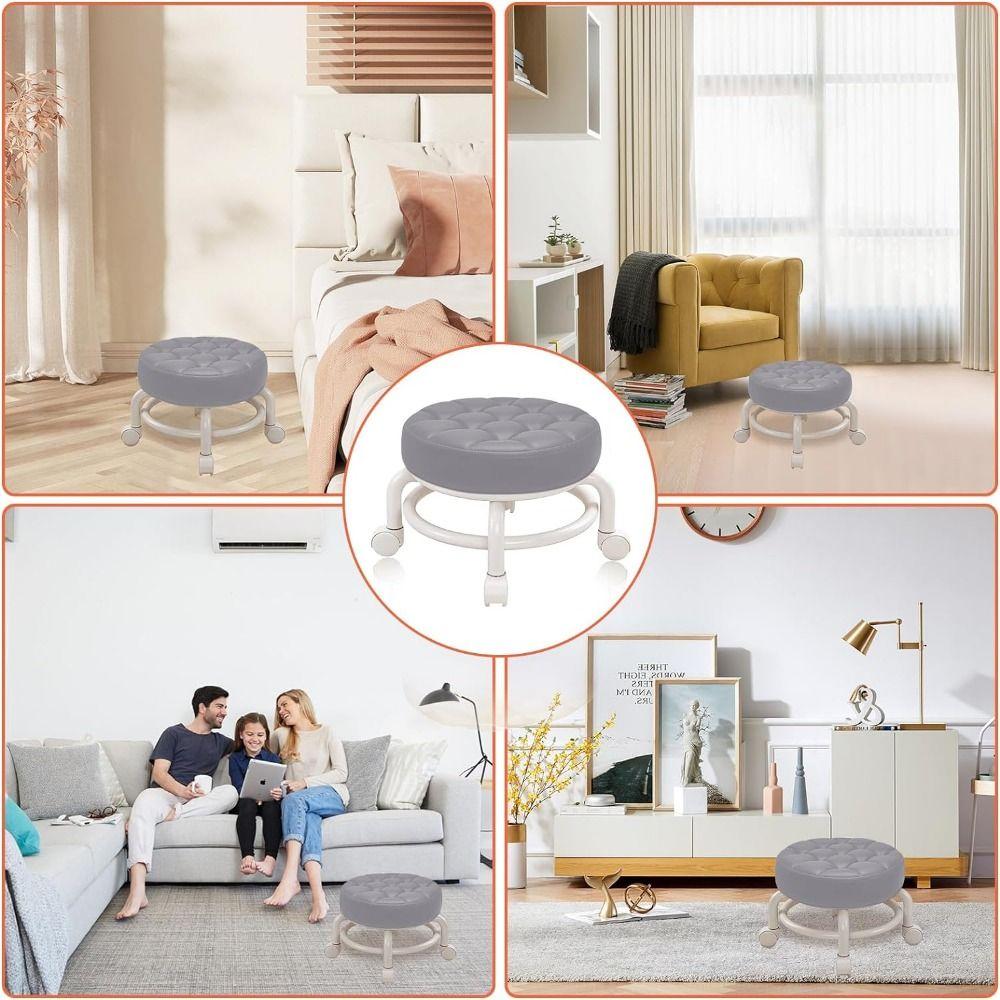 PU Leather Round Stool With Wheels 360 Degree Rotating Low Seat Rotating Rolling Stool  Nail Salon