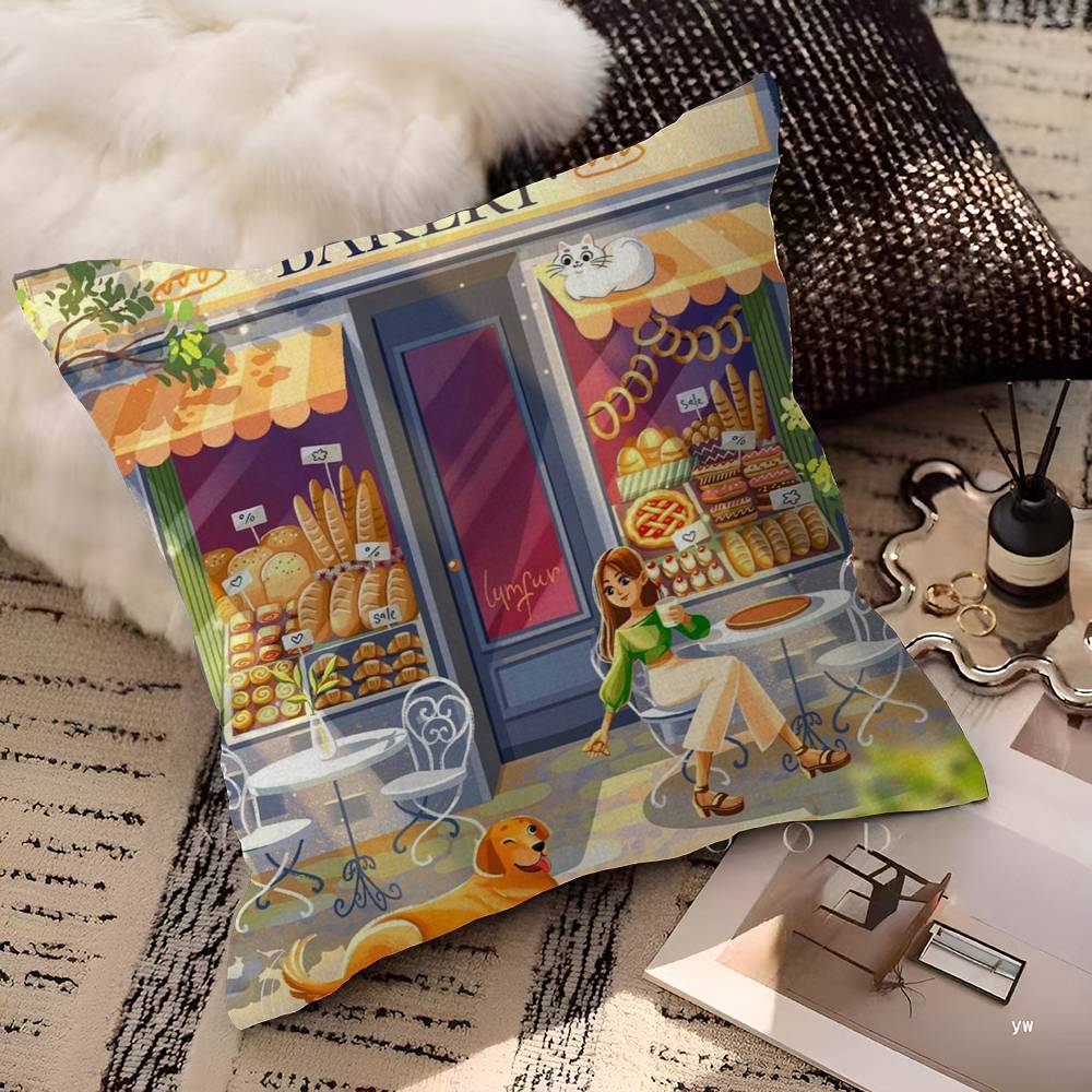Coffee Shop City Bakery Illustration Decorative Room Aesthetics Pillow Case Home Decor Bedroom Sofa Bed Couch Pillow Cover 45x45
