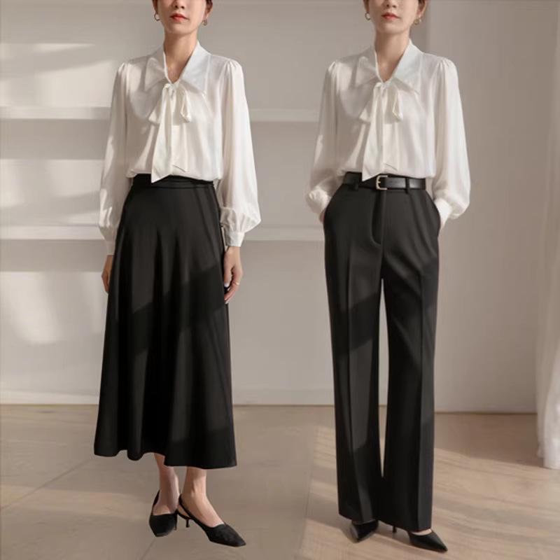 Women's Professional Chiffon Bow Shirt - Long Sleeve White Formal Top for Workplace and Interview