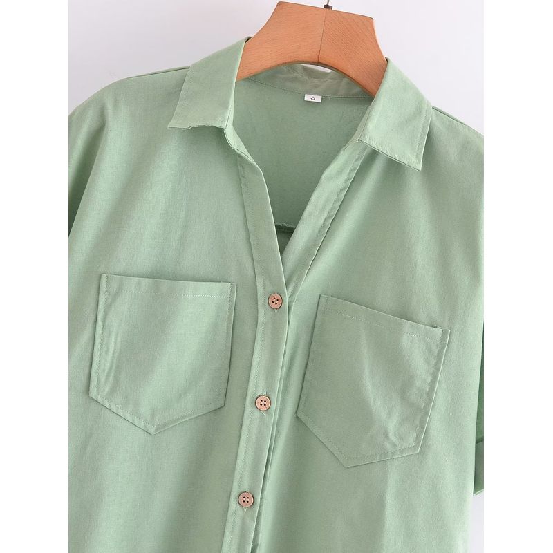 Kaslead New Arrival Women's Fashion Style Double Pocket Decorative Curling Cuff Loose Slim Looking Short Sleeve Shirt