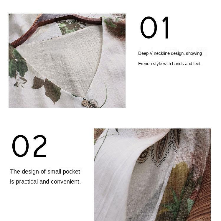 V-neck Floral Dress Spring Cotton and Linen Loose plus Size Women's Clothing Shirt Top