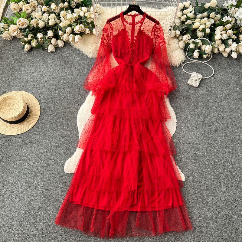 

Elegant Socialite Dress Long Cake Mesh Red 4XL