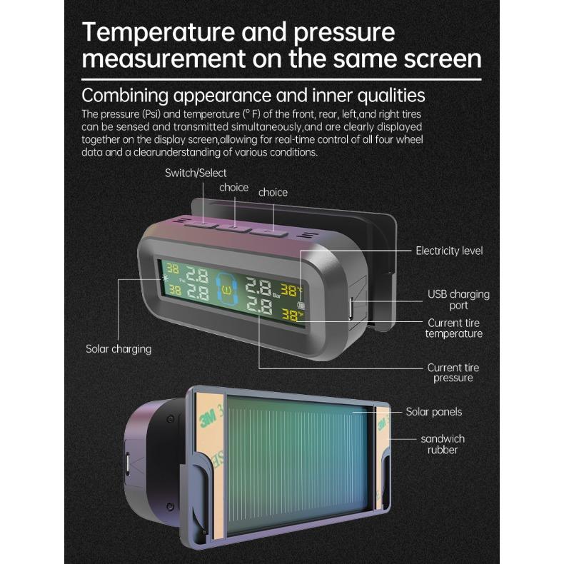 Sistem universal de senzori externi TPMS Solar-USB cu afișaj impermeabil IPX7 - Monitor inteligent al presiunii în anvelope