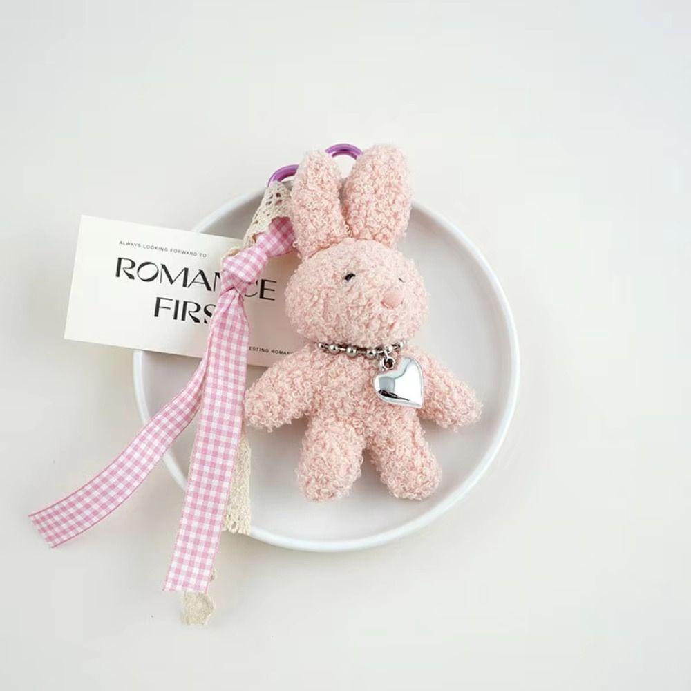 Silver Heart Plush Bag Pendant Bow Ribbon Rabbit Plush Doll Rabbit Doll Charm Bag Decoration