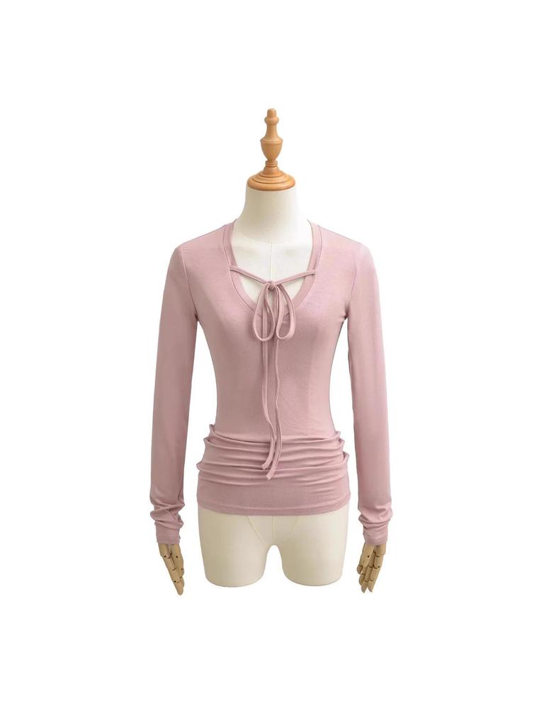 Women's Deep V-Neck Lace-Up Long Sleeve Slim Fit Autumn Top